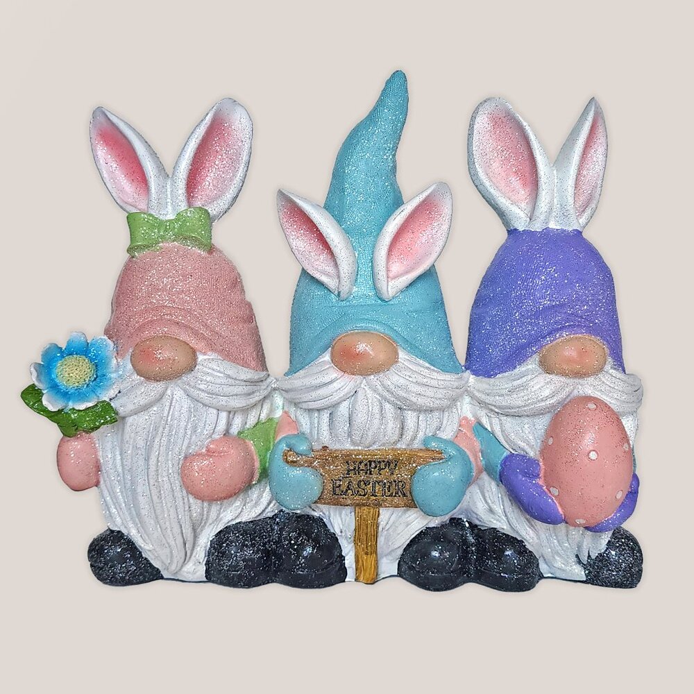 3 Easter Gnomes with Bunny Ears Holding a Sign, "Happy Easter" Statue Decor